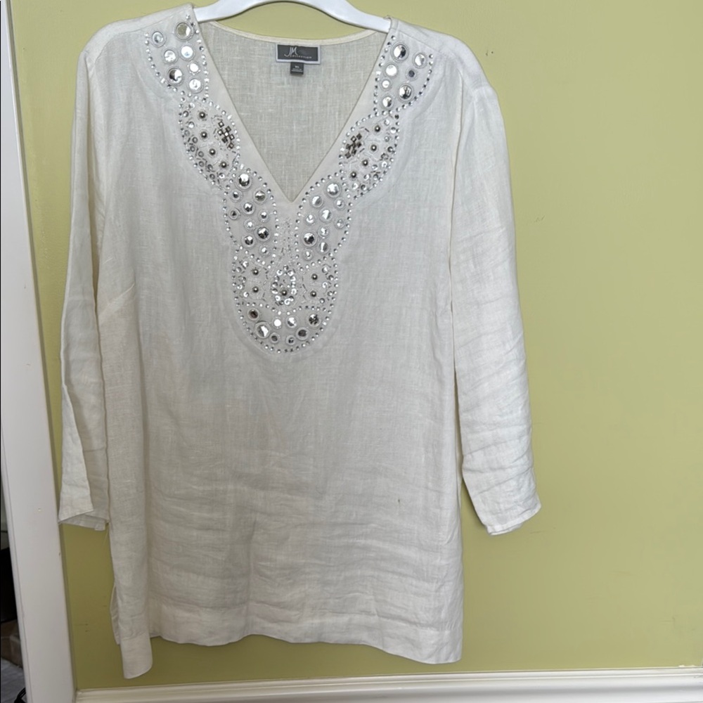 JM Collection White Embellished Tunic 3/4 Sleeves
